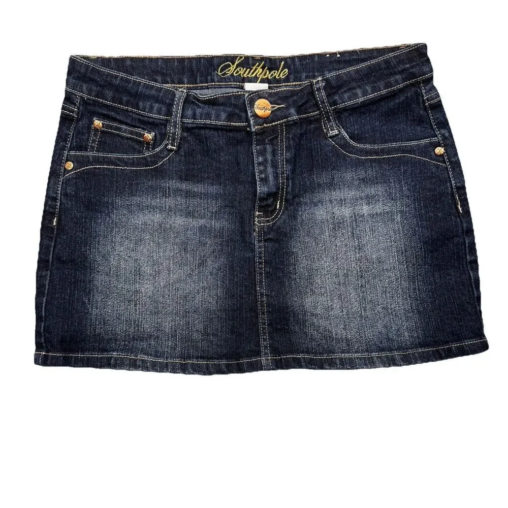 Southpole Mini Skirt Juniors 9 Embellished Dark Blue Denim Stretch Measures W30